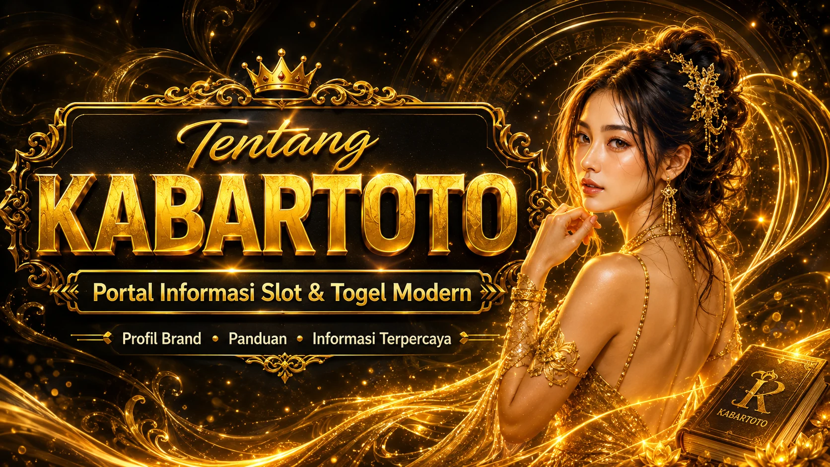 Banner halaman About KABARTOTO dengan karakter elegan dan nuansa emas